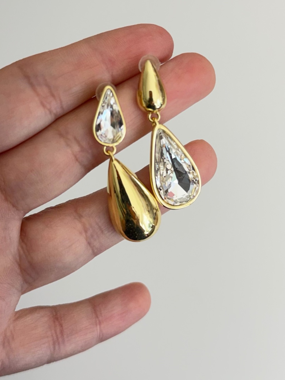 Gold & Crystal Teardrop Statement Earrings – Asymmetrical Drop Earrings - Picture 9 of 11